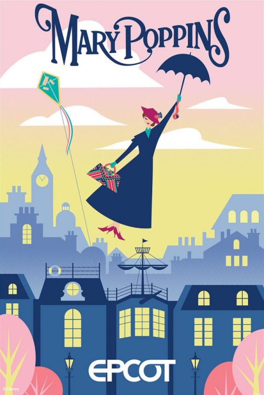 Eu não tenho estrutura psicológica para esta nova atração ainda. Pôster da Mary Poppins que tem uma ilustração da personagem voando com seu guarda-chuva, com Londres ao fundo, e "Epcot" embaixo, significando que haverá uma atração do filme nesse parque. 