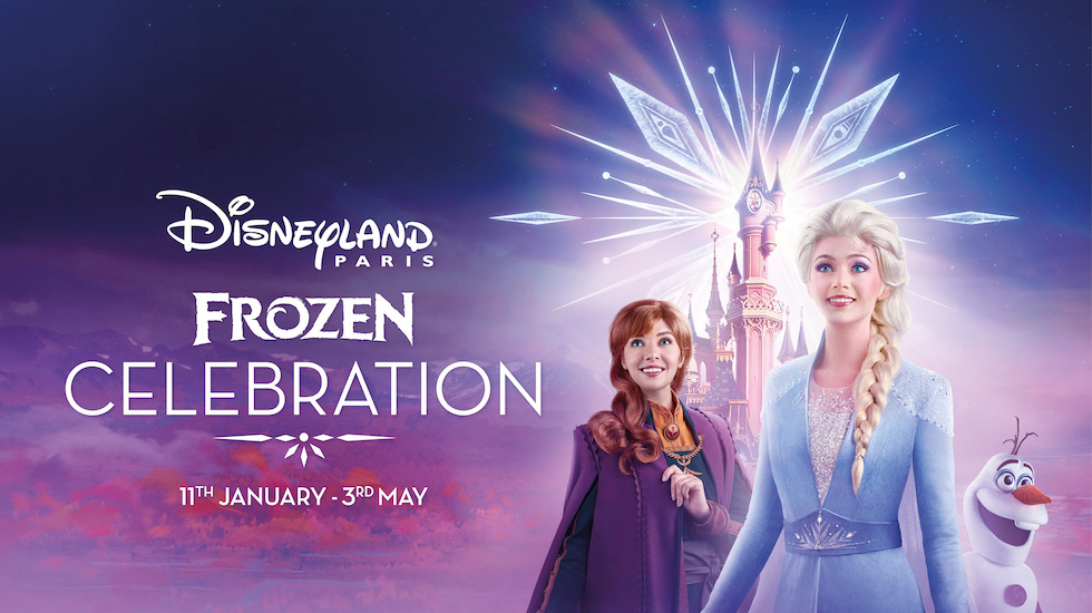 Cartaz de divulgação da celebração de Frozen, com Anna, Elsa e Olaf 