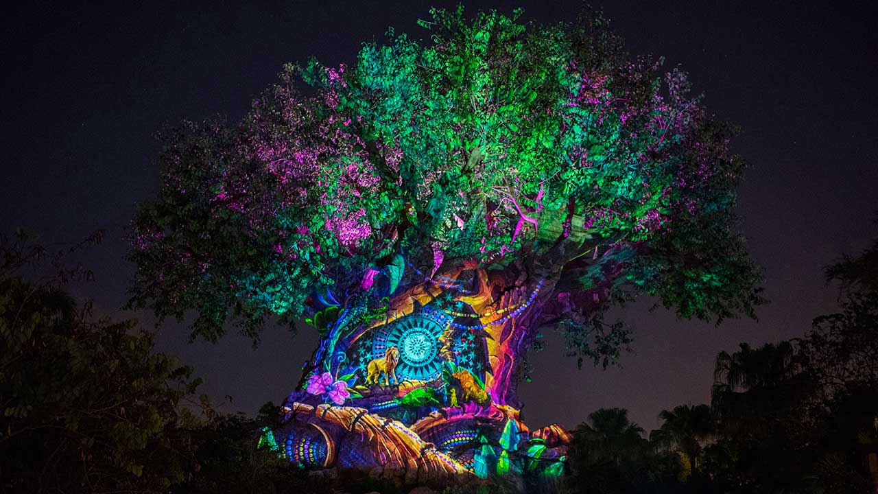 Animal Kingdom teve show noturno para a virada do ano. Foto da árvore da vida do Animal Kingdom iluminada em diversas cores no Ano Novo 