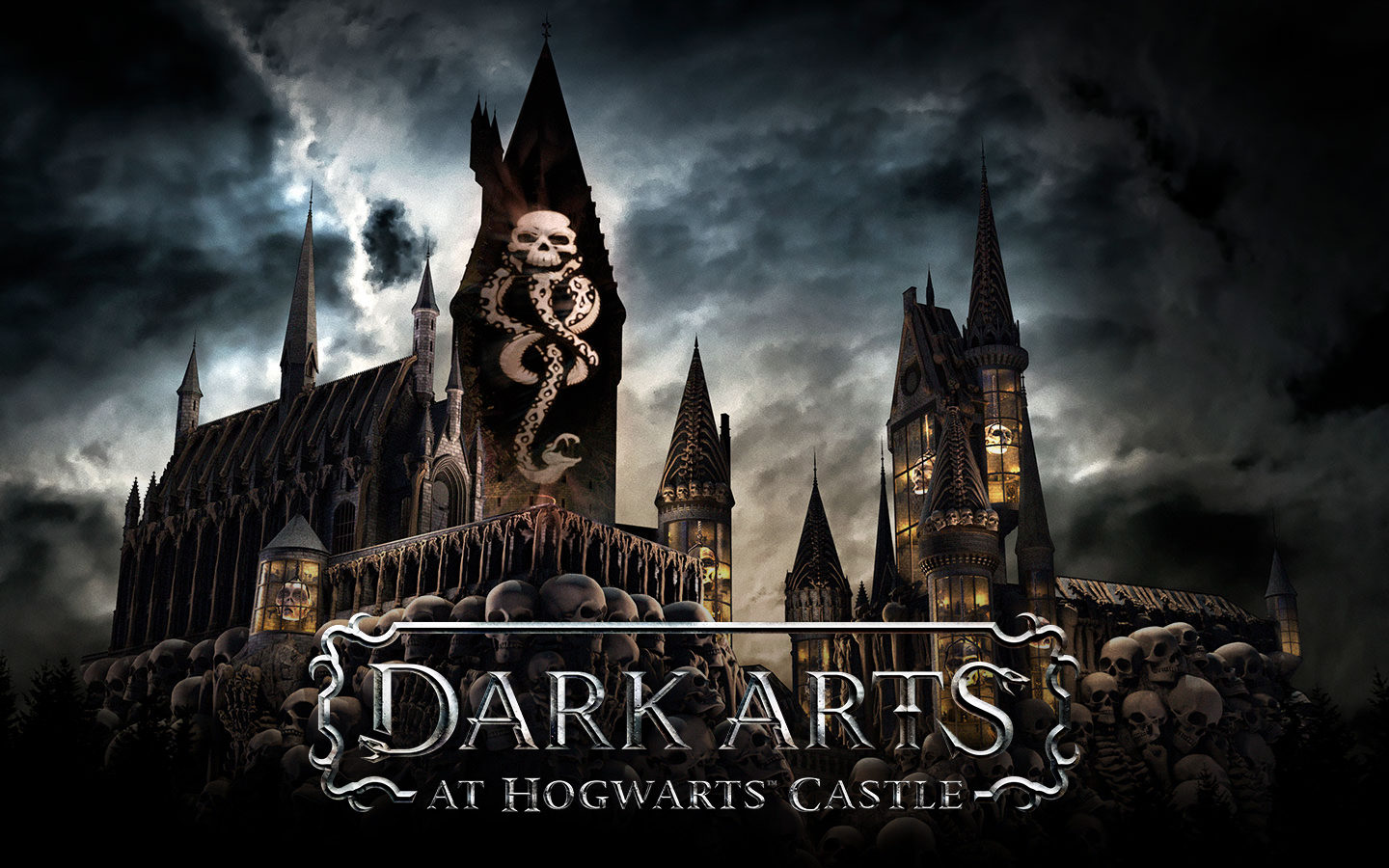 Cartaz do show de Halloween de Harry Potter que será apresentado na Universal, Dark Arts at Hogwats Castle, mostrando o castelo de Hogwarts com a Marca Negra dos Comensais da Morte 