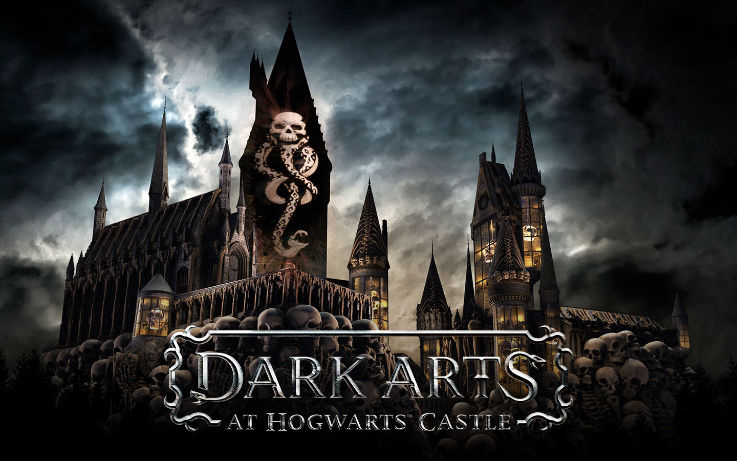 Dark Arts at Hogwats Castle Cartaz do show de Halloween de Harry Potter que será apresentado na Universal, Dark Arts at Hogwats Castle, mostrando o castelo de Hogwarts com a Marca Negra dos Comensais da Morte