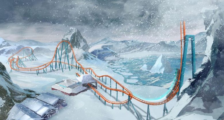 Imagem do projeto da Ice Breaker, nova montanha russa do Sea World. A imagem artística mostra a montanha russa íngreme em meio à neve, já que será inspirada no Ártico