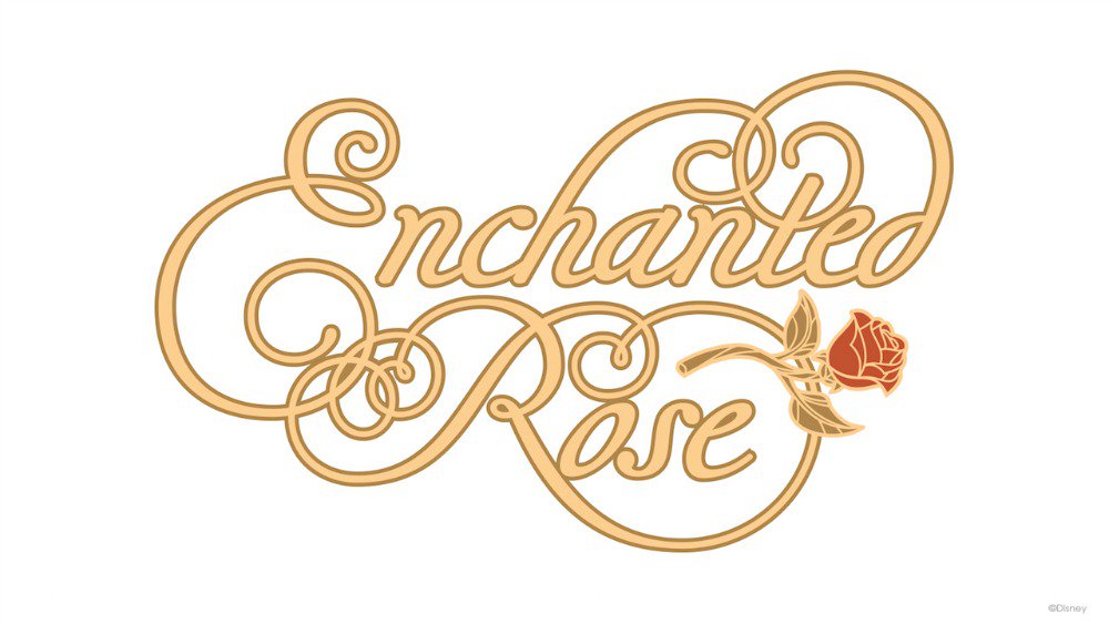 Logo do novo lounge da Bela e a Fera no Grand Floridian, o Enchanted Rose, com a rosa do filme e letras clássicas 
