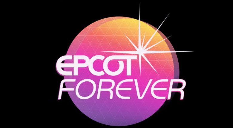 Logo do novo show Epcot Forever, mostrando a Spaceship Earth em laranja, rosa e roxo e o nome em letras brancas 