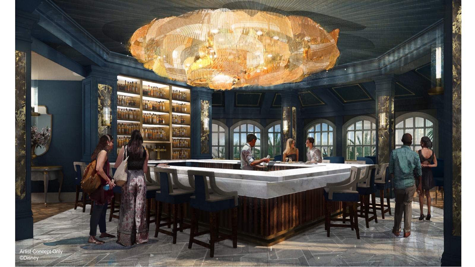 Foto do bar central do Enchanted Rose, com uma ilha de mármore no centro e um lustre enorme e elegante 