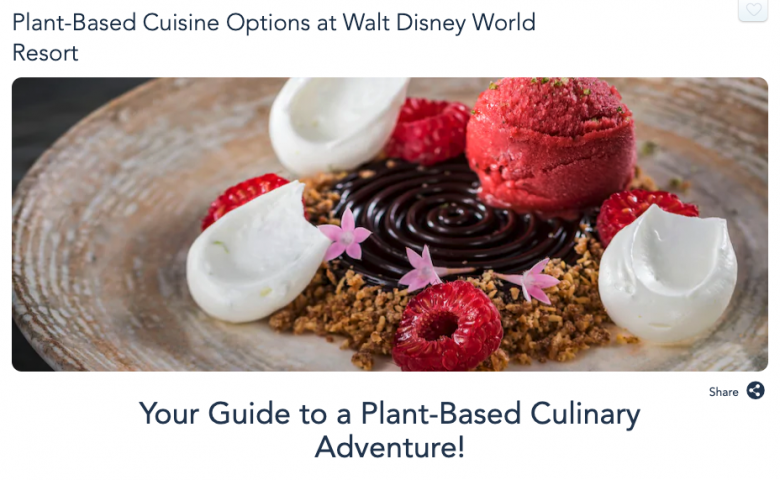 Foto de capa do site da Disney que mostra todas as opções plant-based (ou veganas) que estão disponíveis nos cardápios do complexo em Orlando, mostrando uma sobremesa com frutas vermelhas 