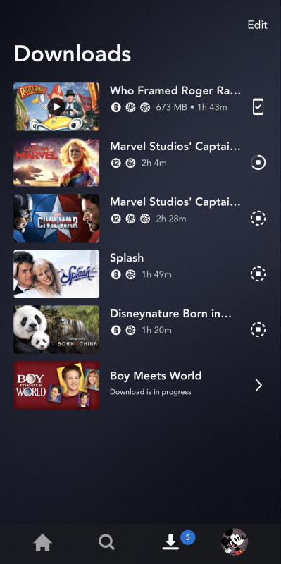 Dá pra salvar e assistir offline no Disney+. Foto da página dos filmes baixados para assistir offline no Disney Plus