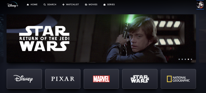 Foto da tela inicial, que tem como destaque o filme "Star Wars: O Retorno de Jedi" 