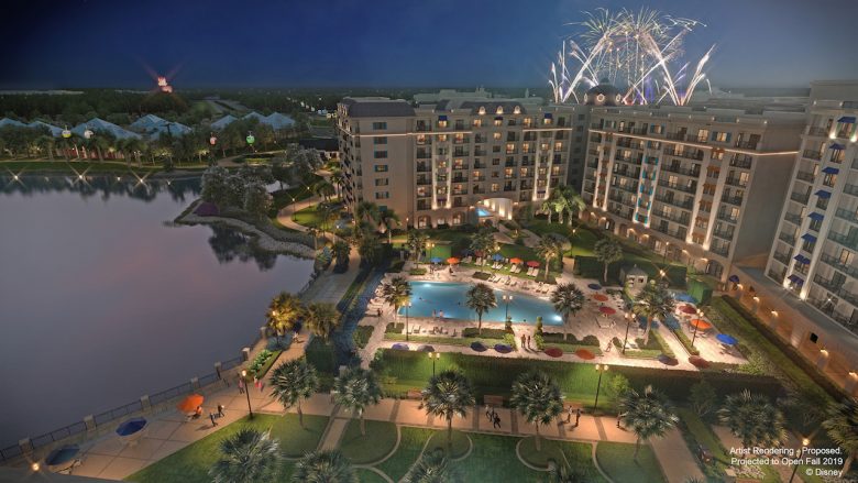 Foto de divulgação da Disney do novo Riviera Resort, com diversos prédios e uma piscina enorme 