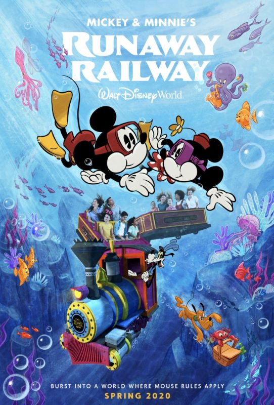 O novo pôster da atração Mickey & Minnie's Runaway Railway, mostrando os personagens com snorkels no fundo do mar, com um trem ao fundo 
