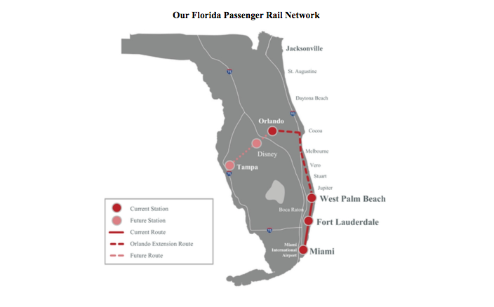 Mapa mostrando as estações que já existem, de Miami, Fort Lauderdale e West Palm Beach. A extensão até Orlando está sendo construída e há planos de paradas na Disney e em Tampa.