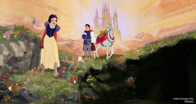 Foto do conceito artístico da atração Snow White's Scary Adventures, mostrando a Branca de Neve e o príncipe sobre um cavalo 