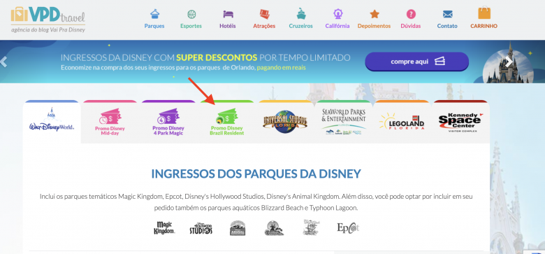 VPD Travel Foto da tela de compra de ingressos do site VPD Travel