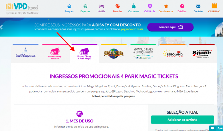 Foto da tela de venda dos ingressos promocionais da Disney no site VPD Travel 