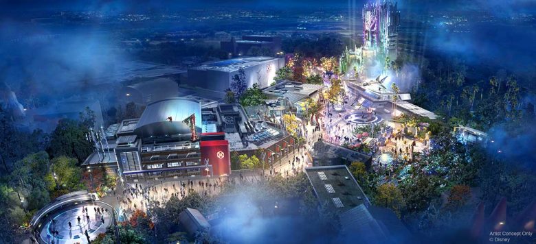 Conceito artístico da nova área de Avengers divulgado pela Disney, mostrando parte do parque de cima 