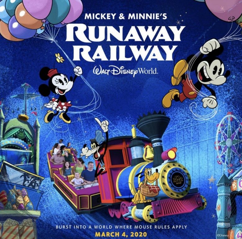 Cartaz da nova atração do Hollywood Studios, a Mickey & Minnie's Runaway Railway, que mostra os personagens flutuando em balões e um trem atrás 