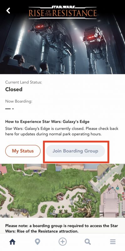 Foto do app da Disney mostrando o sistema de fila virtual na atração Rise of the Resistance 