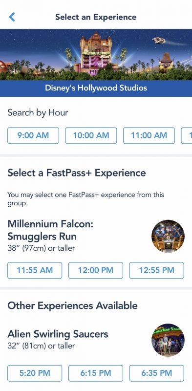 Foto do aplicativo da Disney mostrando a opção de marcar Fastpass+ para a Millenium Falcon: Smuggler's Run 
