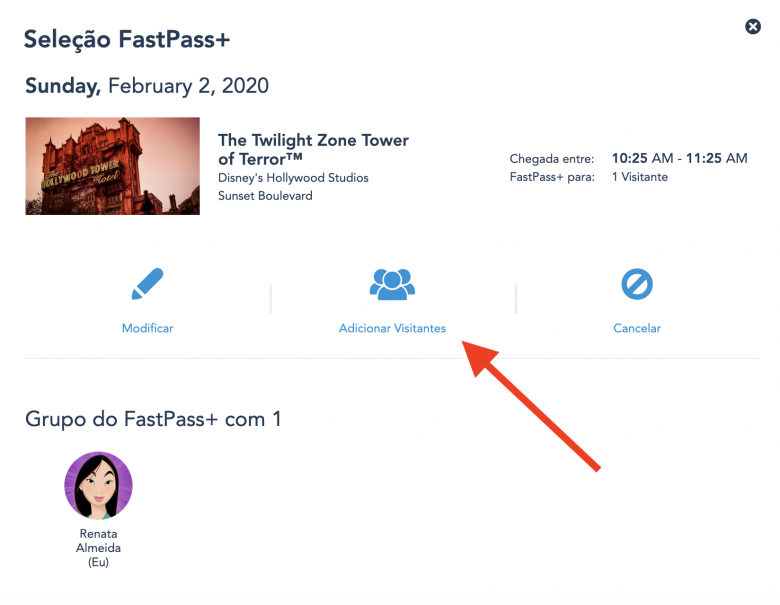 Seleção de Fastpass+. Foto da tela no My Disney Experience mostrando como adicionar visitantes a um grupo de Fastpass+ já selecionado anteriormente 