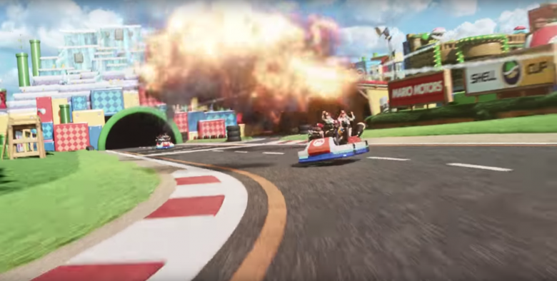 Foto da captura de tela do vídeo mostrando como será a atração de Mario Kart no parque do Japão