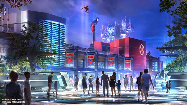 Imagem divulgada pela Disney do projeto do Avengers Campus. É possível ver prédios iluminados, um com o logo Stark, e a Tower of Terror ao fundo.