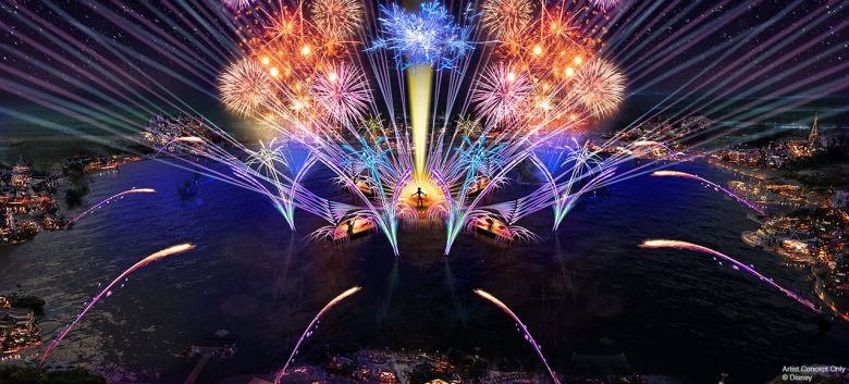 Imagem do projeto artístico do novo show de fogos que está chegando ao Epcot, o HarmonioUS. Ele mostra fogos multicoloridos saindo de dentro do lago.
