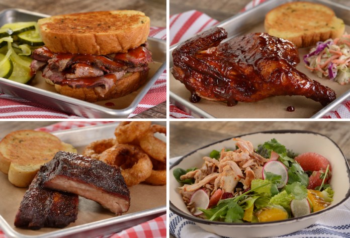 Foto de 4 opções de pratos que serão oferecidos no Regal Eagle Smokehouse, um hambúrguer, dois tipos de carne e uma salada. 