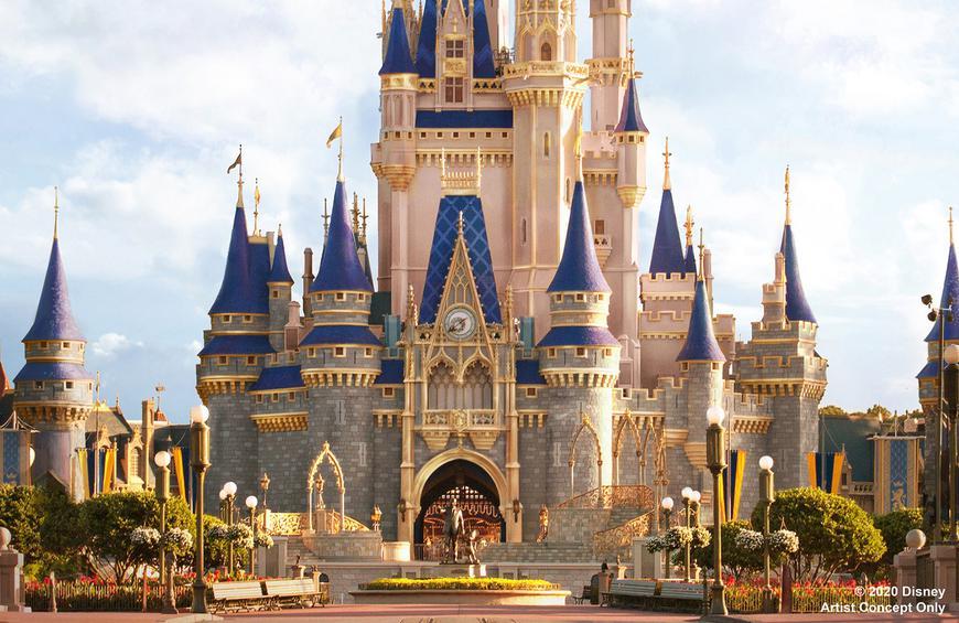 Foto do projeto artístico de como ficará o castelo depois da reforma, com detalhes em rosa, dourado e telhados em um azul mais escuro