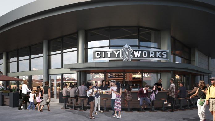Foto da parte externa do City Works Eatery & Pour House, novo bar de esportes do Disney Springs