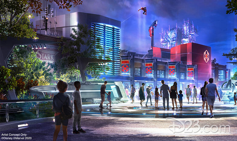 Imagem divulgada pela Disney do projeto do Avengers Campus. É possível ver prédios iluminados, um com o logo Stark, e a Tower of Terror ao fundo.