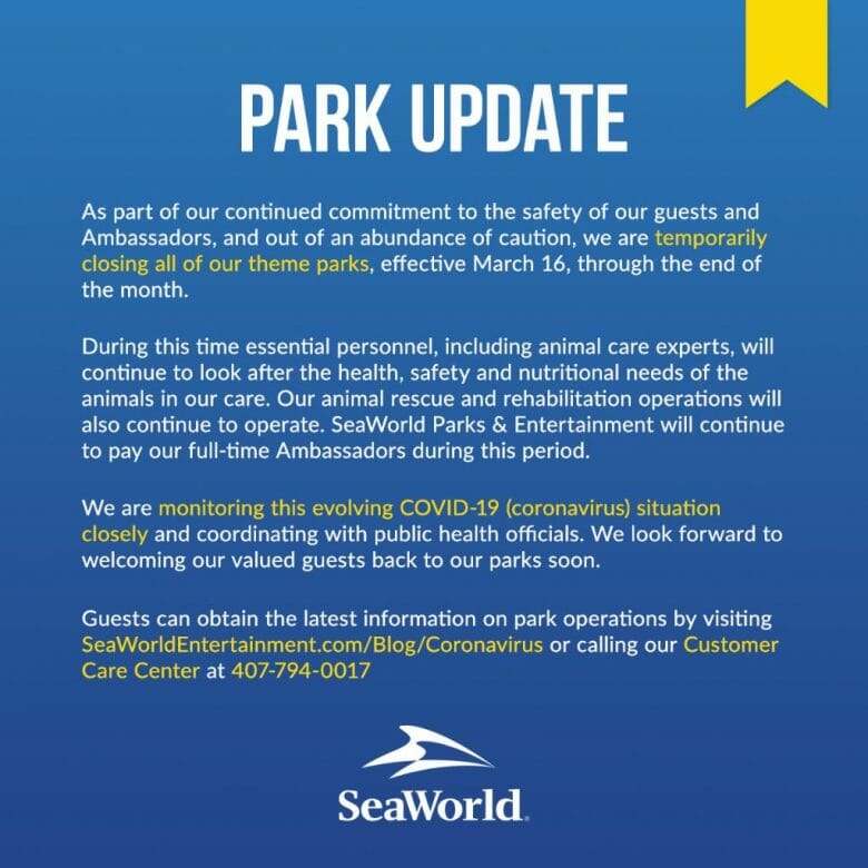 Foto do anúncio feito pelo grupo SeaWorld a respeito do fechamento dos seus parques. 