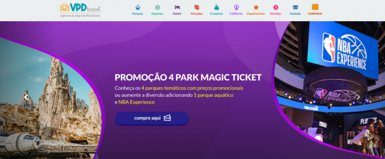 Foto do site VPD Travel, com o fundo roxo e imagens da NBA Experience e da Star Wars Galaxy's Edge. O texto no centro da página diz "Promoção 4 Park Magic Ticket" 