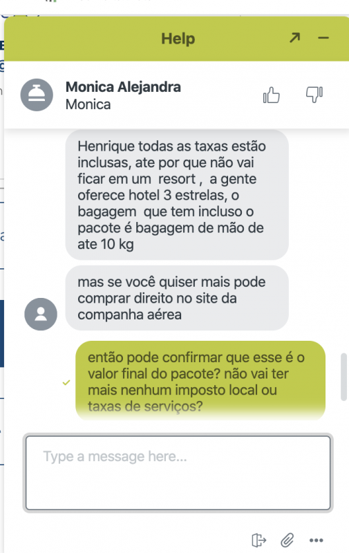 Imagem do chat com o serviço de atendimento do Hurb, tirando dúvidas a respeito do pacote de viagem. 