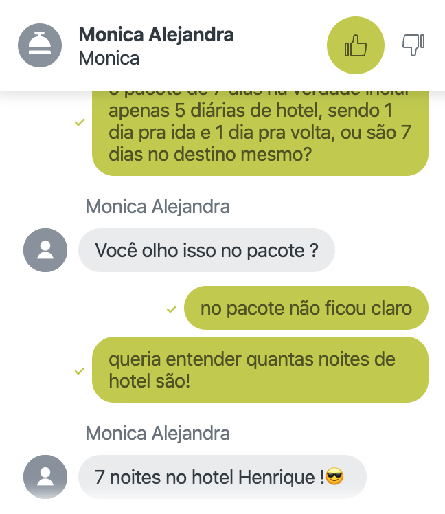 Imagem do chat com o serviço de atendimento do Hurb, tirando dúvidas a respeito do pacote de viagem. 