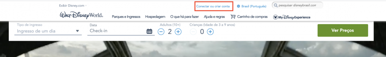 Foto do site da Disney indicando onde fazer login no My Disney Experience 