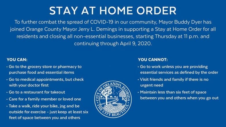 Foto do anúncio do governo americano orientando as pessoas a ficarem em casa (o título é "Stay at home order") devido à pandemia do COVID-19