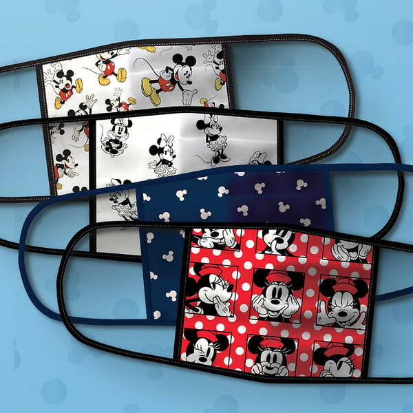 Foto das máscaras temáticas da Disney, com estampas da Minnie e Mickey em diversas cores 