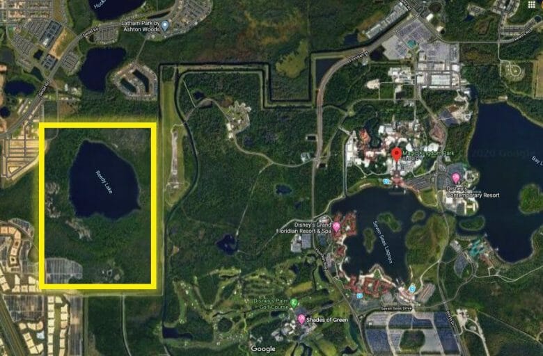 Foto do mapa da área ao redor do complexo Disney, com um quadrado amarelo destacando o local onde a companhia comprou um terreno. 