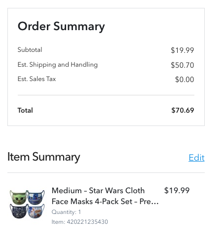 Foto do site da Disney com a compra das máscaras de Star Wars, mostrando o preço do envio para o Brasil 