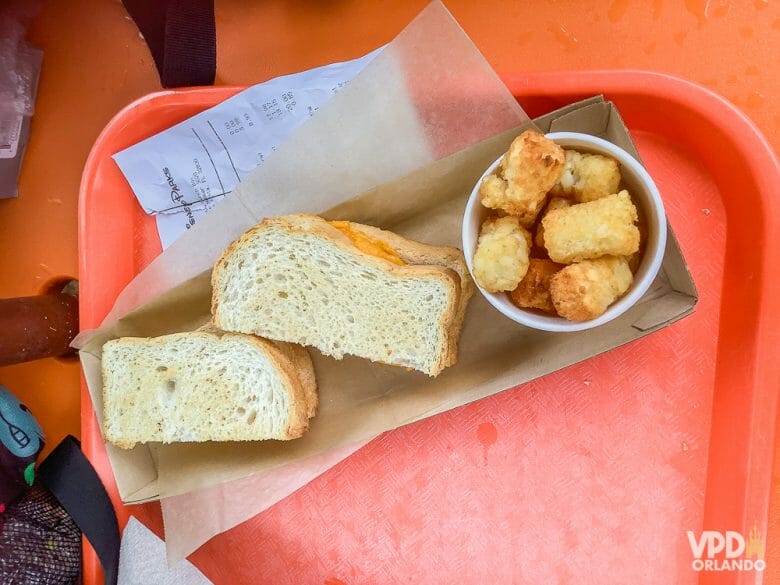 Foto da comida da Carol, que escreveu ao Viagem do Leitor sobre sua experiência como vegana na Disney, um queijo quente vegano e batatas ao lado 