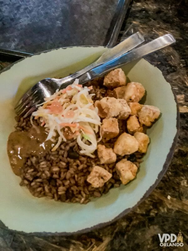 Foto da comida da Carol, que escreveu ao Viagem do Leitor, um prato vegano com tofu, arroz e feijão no Animal Kingdom 