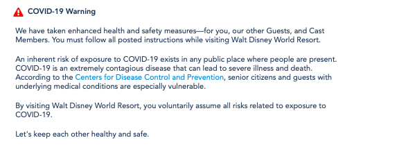 Informativo da Disney sobre os riscos e afirmando que não se responsabilizam caso haja o contágio dentro do complexo 