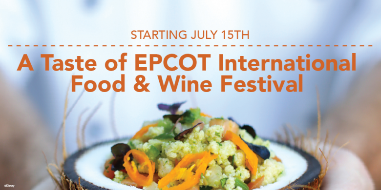 Foto de divulgação do A Taste of EPCOT International Food & Wine Festival, uma imagem de um prato com o anúncio da data (Starting July 15th)