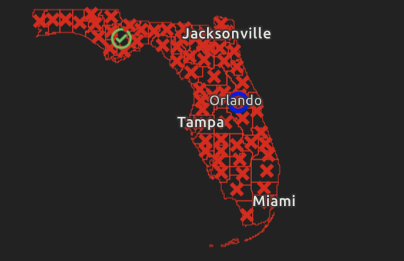 Imagem com o mapa da Flórida, indicando a maioria dos locais com um x vermelho - o que quer dizer que o local não atende aos critérios de reabertura 