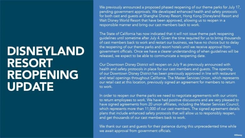 Foto do comunicado publicado para informar que a Disneyland da Califórnia não irá reabrir em julho. O texto principal diz "Disneyland Resort Reopening Update" 