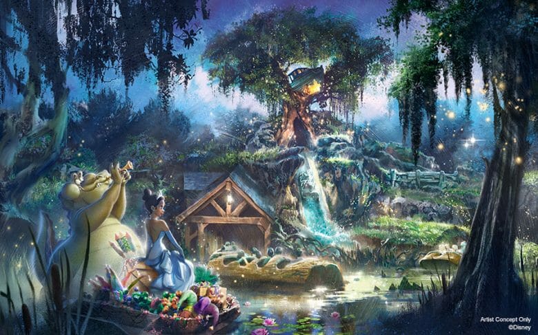 Foto do conceito de como deverá ficar a Splash Mountain com a temática da Princesa e o Sapo. Na imagem, além da atração, é possível ver a Princesa Tiana e o crocodilo Louis 