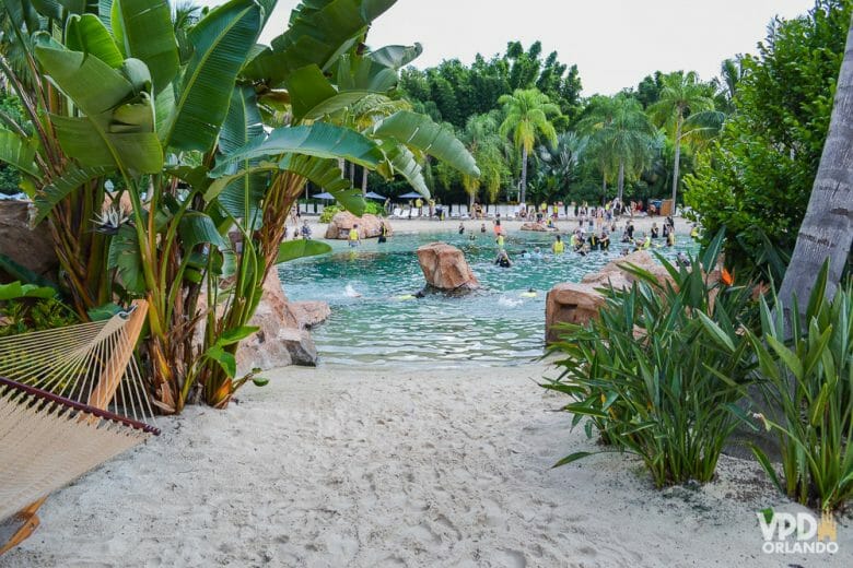 Foto da praia do Discovery Cove, com alguns visitantes nadando e parte de uma rede visível na lateral da foto, com plantas em toda parte. 