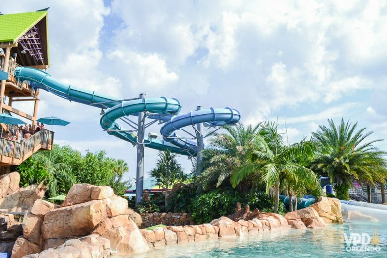 Foto do toboágua do Aquatica, que cai em uma piscina rodeada por palmeiras, e o céu azul ao fundo