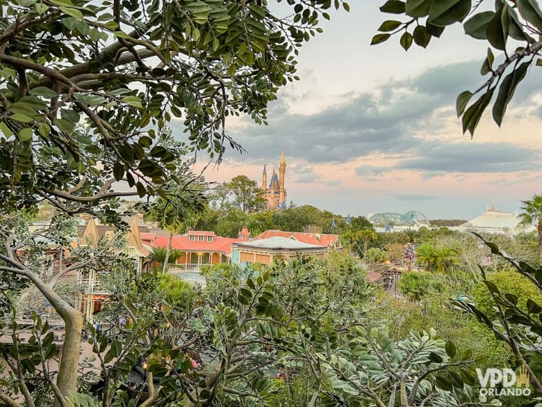 Foto do Magic Kingdom visto de cima a partir da Swiss Family Treehouse. É possível ver muitas árvores e o castelo da Cinderela ao fundo. 