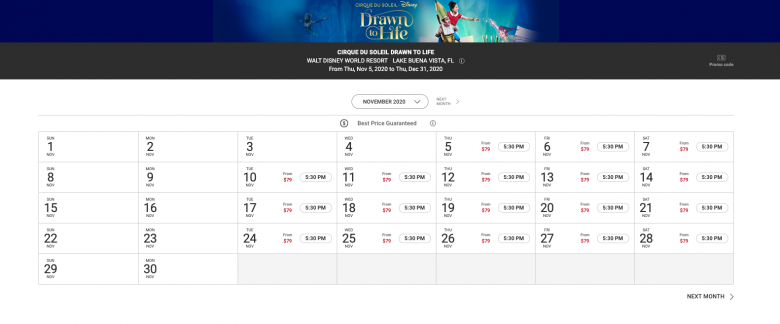Foto do site oficial do novo show do Cirque du Soleil, Drawn to Life, mostrando as datas de shows e preços dos ingressos. 